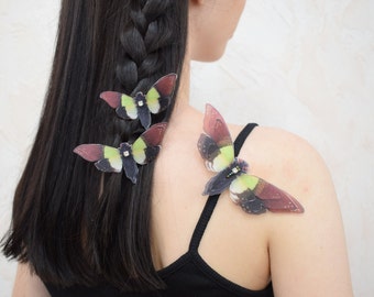 Silk cicada moth hair pins or brooch with moving wings - dainty accessories for women and girl gift