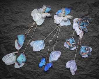 Butterfly Brooch with Blue Silk Organza Wings and Silver Chains – Nature Inspired Handmade Wedding or Lapel Accessory