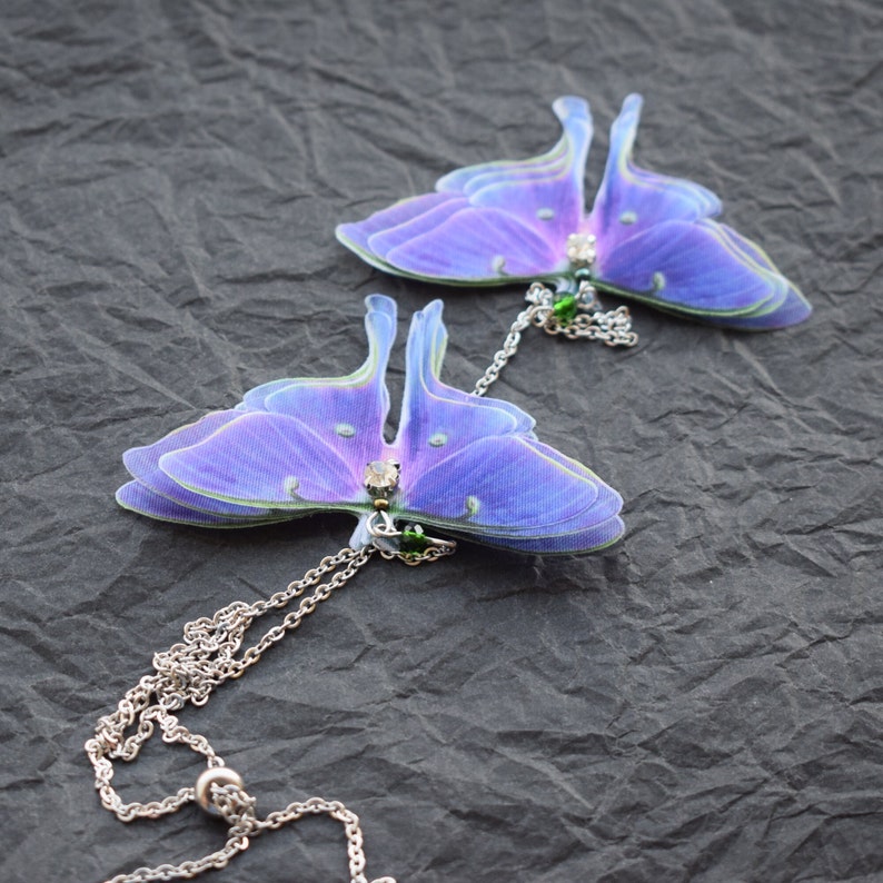Moth Chain Purple Luna Moth Backdrop Necklace Silk Moving Wings - Long Chain Back ...