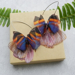 Silk blue butterflies drop earrings with double layer wings handmade woman accessories gift for her