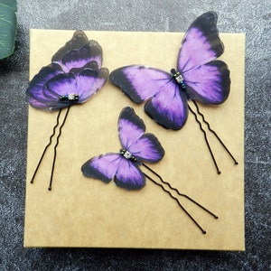 Silk Purple butterflies hair pins set with three-layer wings hair accessories for women