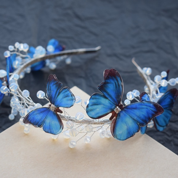 Morpho blue butterfly headband with moonstones crystals for girls and woman hair piece one size