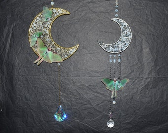 Luna moth Crystal Moon sun light catcher with moonstones window hanging garden or home decor