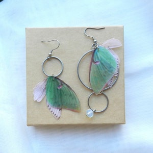 Luna moth mismatched drop long earrings silk organza wings with moonstone