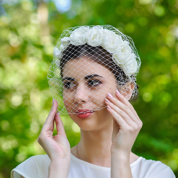 Wedding birdcage veil with ivory silk flowers headband