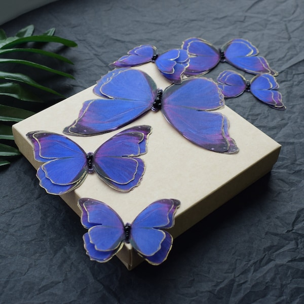 Silk Purple Butterflies gold plating wings extra large applique sew on embellishments set of 6 pcs