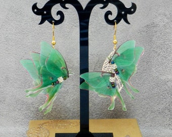 Luna moth butterfly mismatched drop earrings three-layer wings with crystal and golden leaf