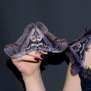 Puede incluir: Dos grandes pinzas para el pelo con forma de polilla detalladas. Las pinzas presentan intrincados diseños en tonos grises, morados y marrones, con un pequeño adorno de joya. Las alas están muy extendidas, creando un efecto dramático. El fondo es gris oscuro liso.