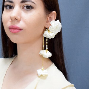 Ear cuff no piercing white or red silk flowers long ear climber earrings wedding jewelry for bride