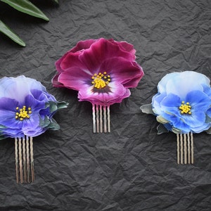 Silk Pansy Flower Hair Comb something blue for bride hair jewelry gift idea for women and girls