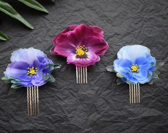 Silk Pansy Flower Hair Comb something blue for bride hair jewelry gift idea for women and girls