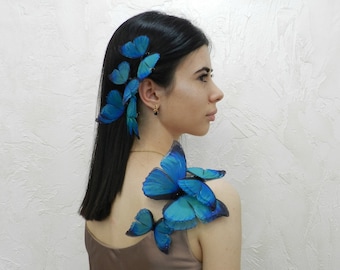 Silk blue butterflies extra large dress decoration applique sew on embellishments set of 6 pcs