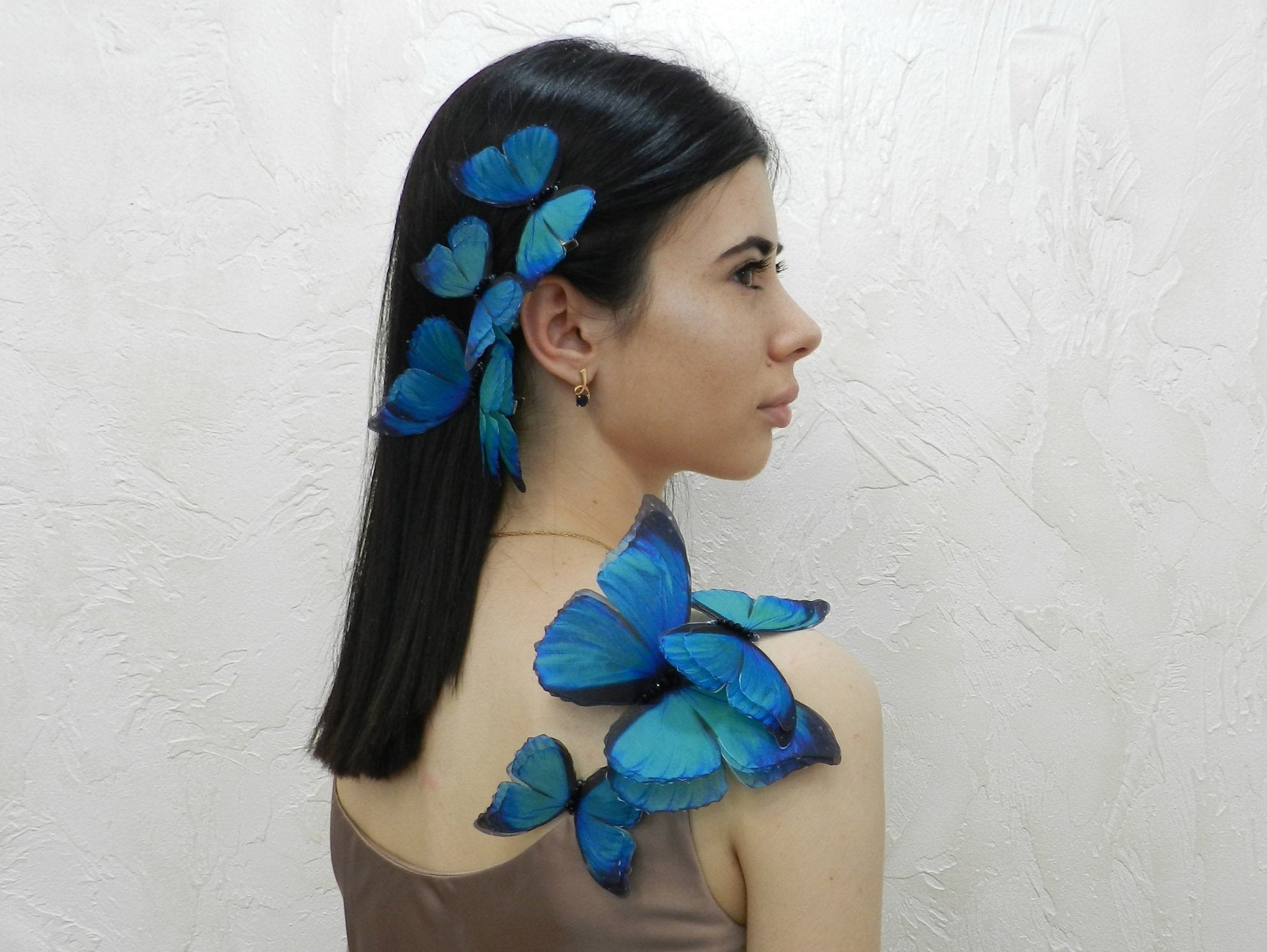 Silk blue butterflies extra large dress decoration applique sew on embellishments set of 6 pcs