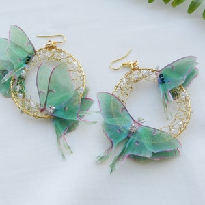 Luna moth butterfly hoop earrings three-layer wings with crystal