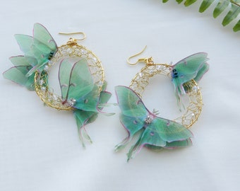 Luna moth butterfly hoop earrings three-layer wings with crystal