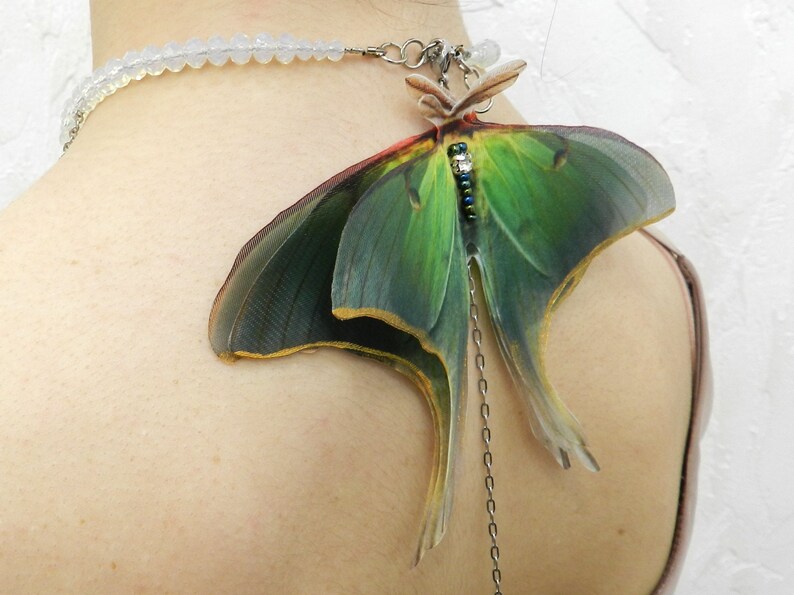 Moth Chain Luna Moth Extra Large Pendant Choker Backdrop Necklace With Moonstones ...