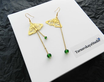 Golden luna moth butterfly drop earrings - chains mismatched earrings with green crystals