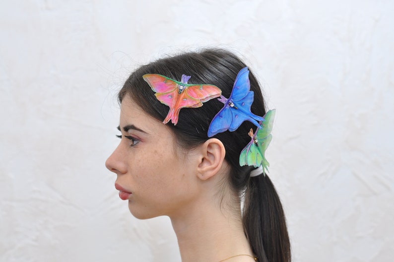 Silk luna moth hair clips pins or comb with 3d double-layer wings hair accessories for women and girl gift image 7