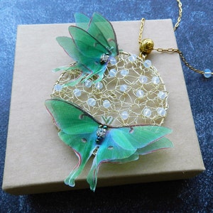 Luna moth pendant necklace with silk organza double-layer wings butterfly accessories for woman