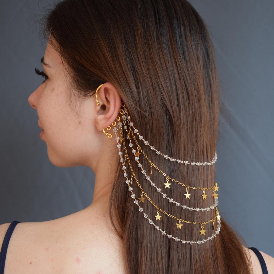Ear Accessory With Chain Gold Double Ear Cuff With Star Chains – Hair Jewelry With Crystal Beads ...