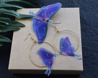 Purple Luna Moth Hoop Earrings and Hair Clip with silk organza moving wings jewelry gift for girl and woman