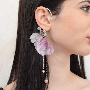 Silk purple butterfly wings ear cuff no piercing with Atlas moth hair clip set - long ear climber earrings and hair accessories gift for her