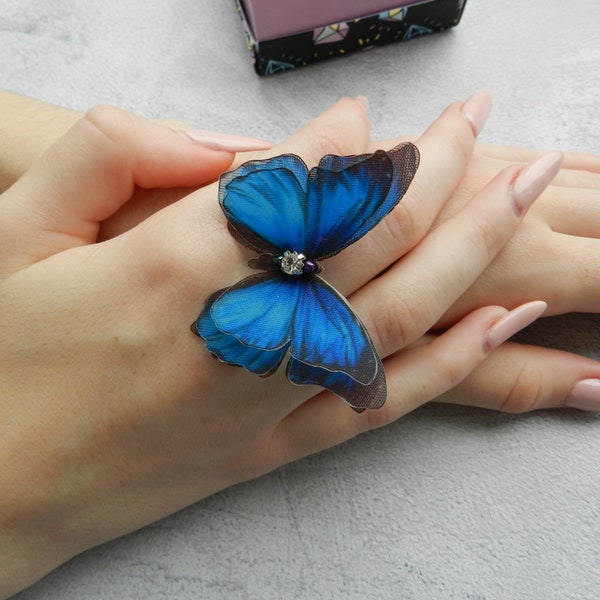 Morpho blue silk butterfly unique ring adjustable size