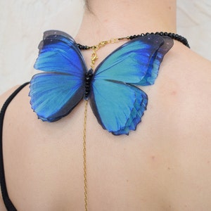 Blue butterfly back choker necklace extra large pendant