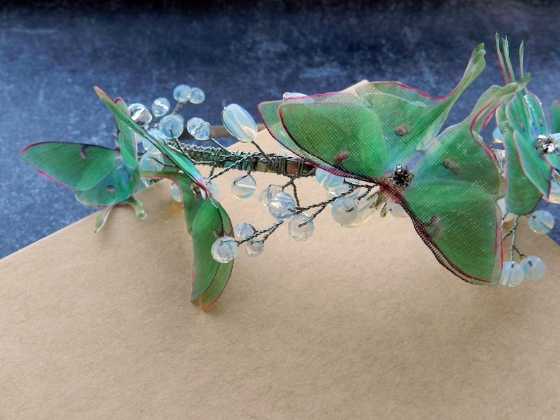 Luna moth butterfly hair piece moonstone crystals and silver wire headband image 4