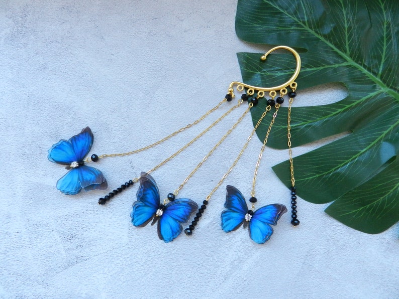 Ear Cuff No Piercing Blue Butterflies Silk Long Ear Climber Etsy