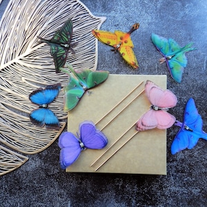 Silk luna moth butterflies dragonflies long hair pins - two prong golden hair stick