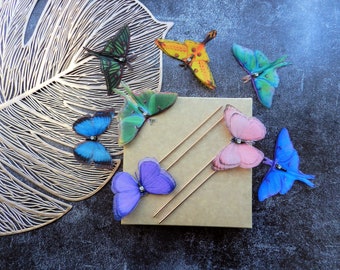 Silk luna moth butterflies dragonflies long hair pins - two prong golden hair stick