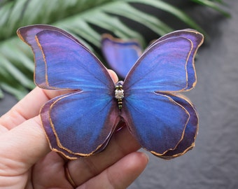 Silk butterfly jewelry bright purple hair clips pins or brooch moving wings