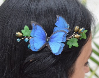 Bright blue hair comb Morpho silk butterfly hair piece with moving wings - Woman hair delicate jewelry something blue for bride