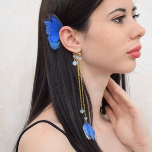 Ear Cuff keine Piercing blaue Schmetterlinge oder Luna Moth Seide lange Ohr Kletterer Ohrringe mit Mondsteinen Kristalle