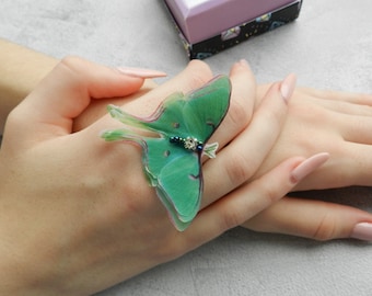 Luna moth silk butterfly ring adjustable size