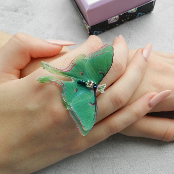 Luna moth silk butterfly ring adjustable size