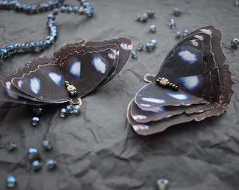 Blue moon Hypolimnas bolina butterfly silk hair clips moving wings pin or brooch woman jewelry