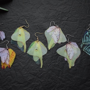 Luna moth wings silk butterflies dangle drop earrings - Comet moth jewelry for girl and woman gift
