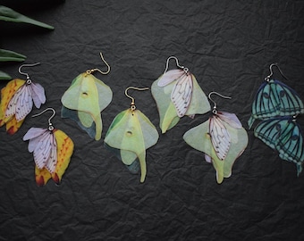 Luna moth wings silk butterflies dangle drop earrings - Comet moth jewelry for girl and woman gift