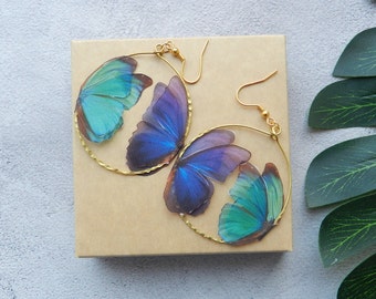Silk blue butterflies hoop earrings - organza drop moth wings earrings boho jewelry