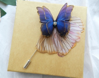 Bright purple silk butterfly lapel pin brooch
