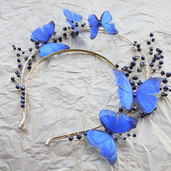 Silk Blue butterfly headband tiara Bridal crown with black crystal Festival cosplay jewelry