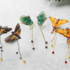 Silk moth butterfly collar clip pins with chains - collar brooch accessories 1 pair