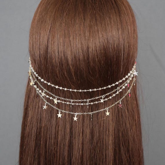 Celestial Star Hair Chain – Silver Crystal Headpiece – Stardust