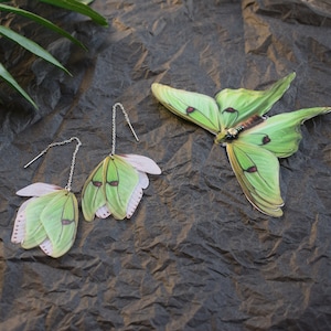 Boucles d&#39;oreilles longues chaîne en soie, ailes de papillon luna, vert olive, bijoux légers pour fille et femme