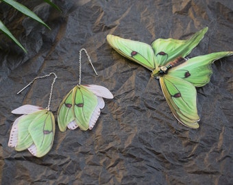 Silk olive green luna moth butterfly wings long chain earrings set with hair clip lightweight jewelry for girl and woman