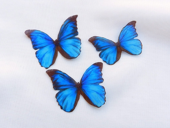 Silk Butterfly Applique Handmade Jewelry Making - Blue Butterfly Wings Wall and Wedding Decor 10 Pieces