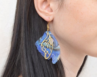 Silk butterfly wings drop and dangle earrings with golden metal moth pendant