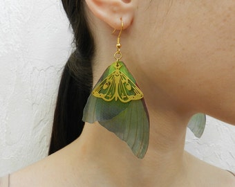 Luna moth silk butterfly wings drop and dangle earrings